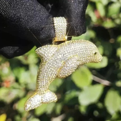 2Ct Round Lab Created Diamond Dolphin Fish Charm Pendant 14k Yellow Gold Plated - Picture 2 of 4