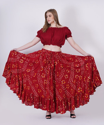 Maroon Pola Dot 25 Yard 4 Tier Jaipur Gypsy Cotton Belly Dance Maxi Skirt