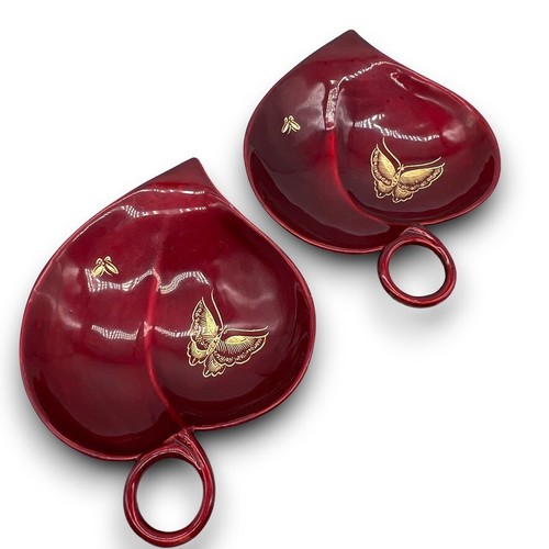 Japanese Lacquer Metal Heart Leaf Trinket Dishes Deep Red Gold Butterflies x2 - Picture 4 of 16