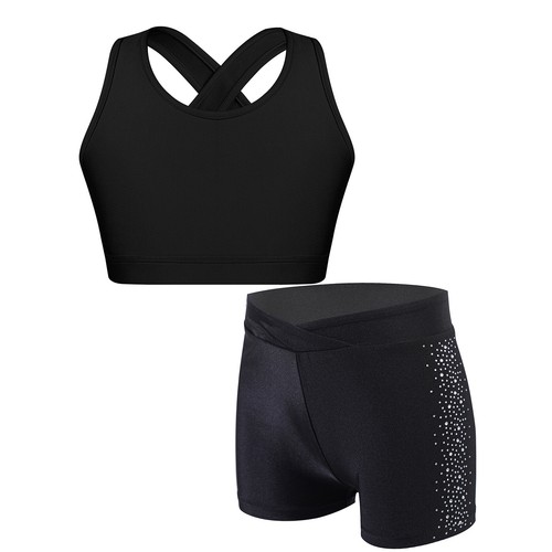 Kids Girls Outfits Vest Suit Crop Top Set With Shorts Dancewear Training 2Pcs - Picture 6 of 13