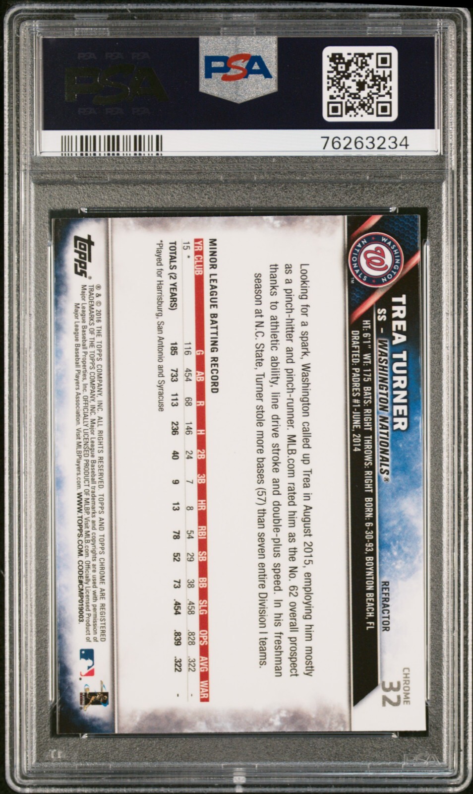 2016 Topps Chrome #32 Trea Turner Refractor Rookie Card RC PSA 10 QTY view 2