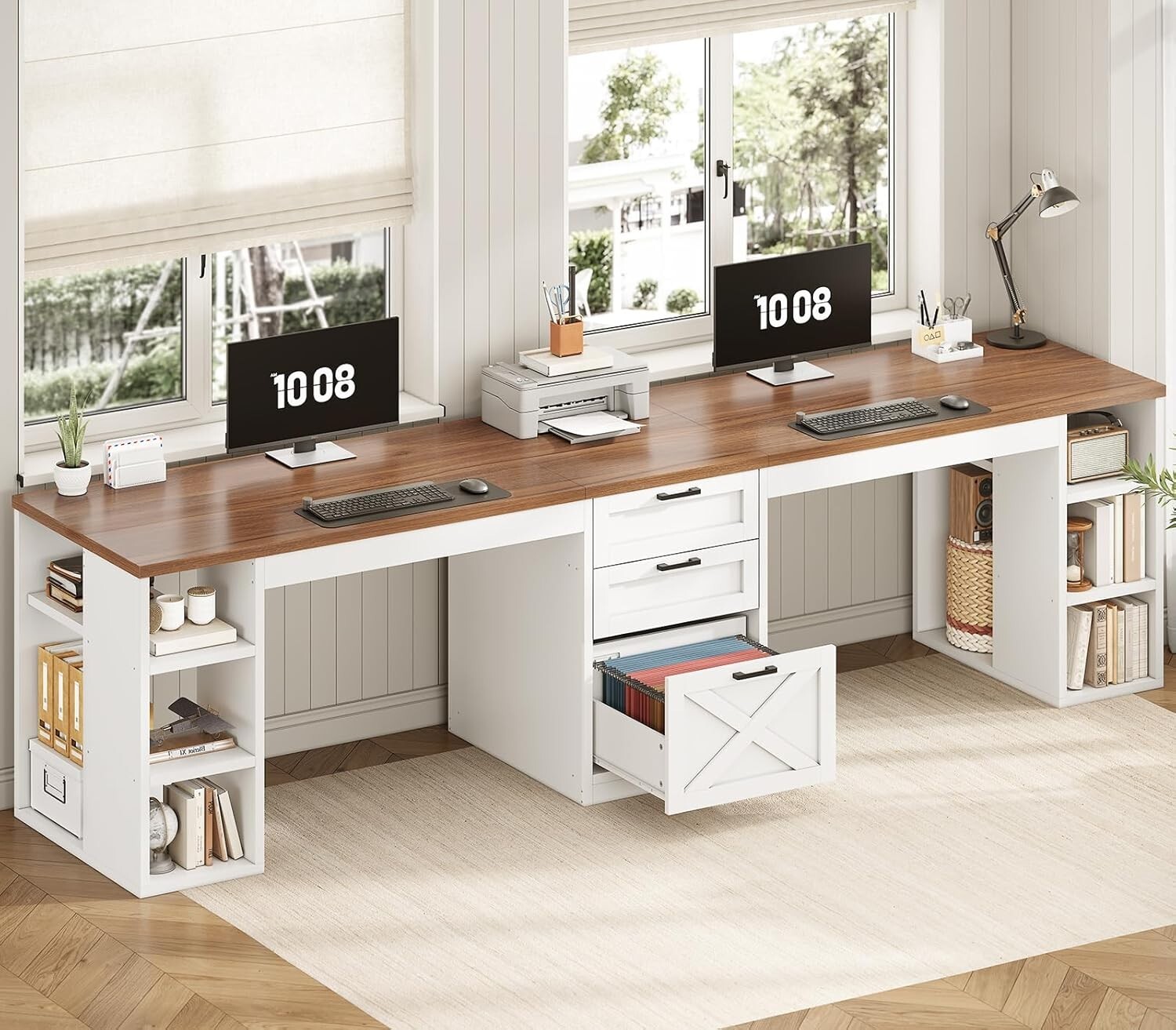 Farmhouse 96.5" Computer Desk with 3 Drawers, Long Two Person Writing Desk