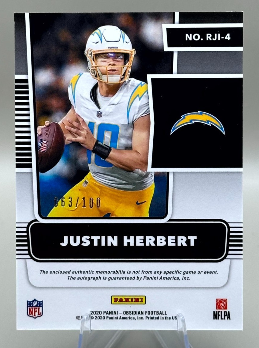 ‼️2020 Panini Obsidian Justin Herbert Auto Patch #063/100 Los Angeles Chargers view 2