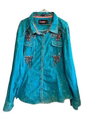Destined To Roar Women Teal/pink Acid Wash Rhinestone Shirt Xxxlg Signature