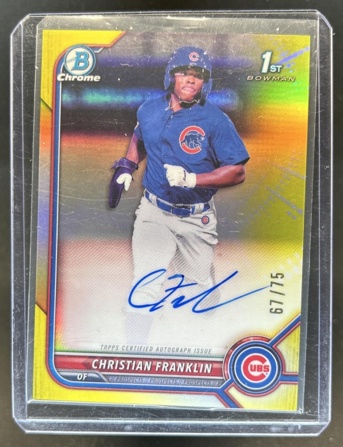 2022 Bowman Chrome Christian Franklin Auto Yellow Refractor 1st #/75 Cubs