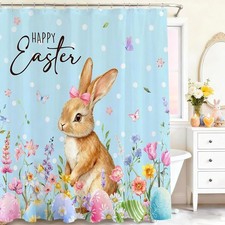 Blue Happy Easter Bunny Eggs Shower Curtain With 12 Hooks 71x71 In