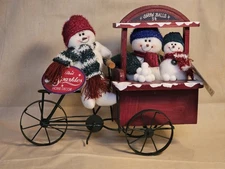 Christmas Snowman Trio on Bicycle Cart Selling Snowballs Vintage Holiday Decor