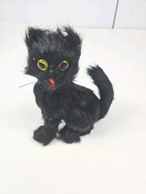 Vtg Black Cat Figurine Life Like Real Rabbit Fur Halloween Decor Kitty Kitten 6 