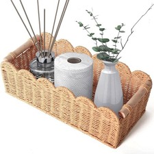 Scalloped edge organizer basket for toilet tank with wooden handle wicker