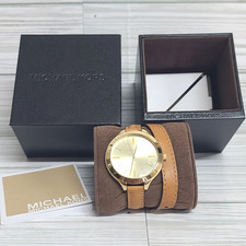 Michael Kors Watch Women MK-2256 42mm Gold Tone Leather Wrap Band NEW Battery