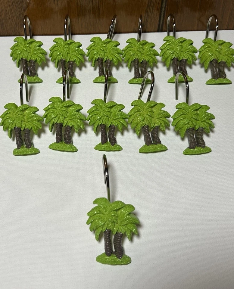 JUEGO 12 Ganchos para Cortina de Ducha Metal Resina Palmeras Verde Lima/Marrón Playas Foto 2 de 4