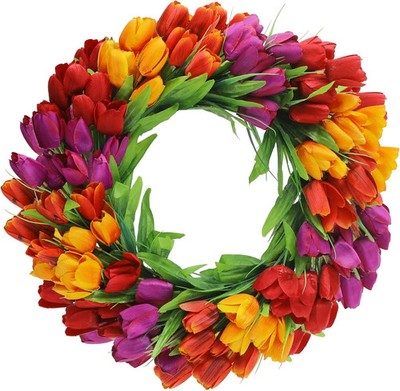 24 Inch Tulip Wreath for Front Door, Spring Summer Silk Wreath with Green Leaves