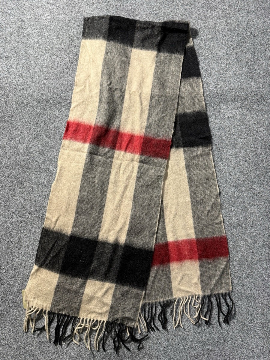 Burberry Cashmere Scarf Beige Check Pattern Half Mega Fringe NWT