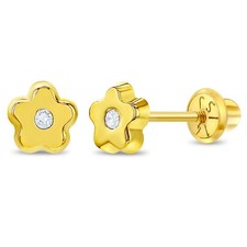 14k Yellow Gold Young Girls 5mm Clear Cubic Zirconia Flower Screw Back Earrings