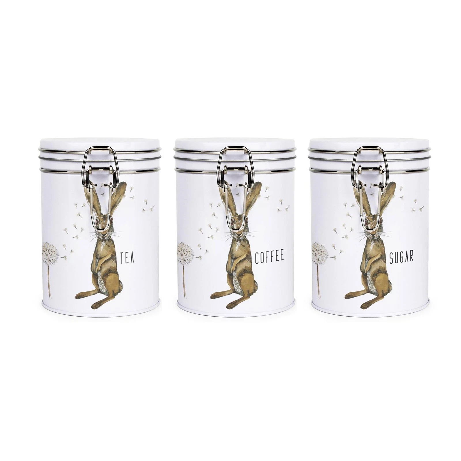Hare & Dandelions Tea Coffee Sugar Canisters - Metal Clip-Lid Kitchen Gift
Opens in a new window or