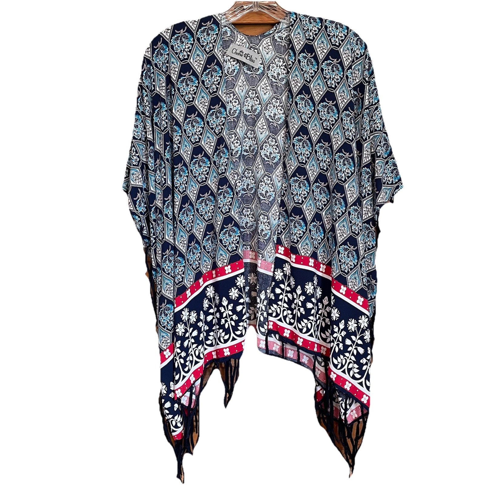 Cherie Bliss Shawl Kimono Ruana Red, White, And Blue Breezy Summer Floral