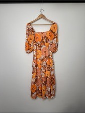 LAIT Orange Floral Tiered Midi Dress with Puff Sleeves XS