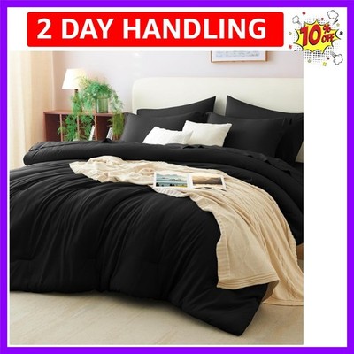 Queen Comforter Set Black, 7 Pieces Bed in a Bag Queen Comforter Set with She...