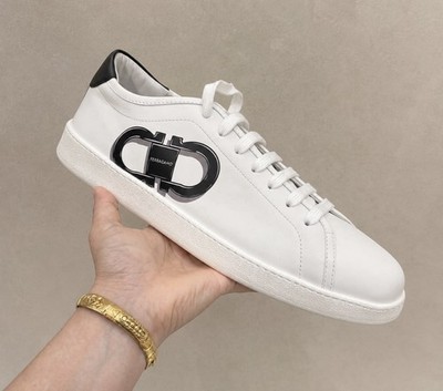 Salvatore Ferragamo White Leather Men Sneaker with Black Gancini Size 12