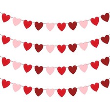 4 Pack Felt Heart Garland Banner, NO-DIY Valentine Red Pink