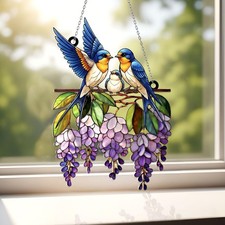 Swallow Family Acrylic Window Hanging, Birds on Wisteria Suncatcher, Spring