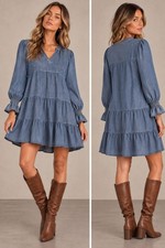 Quince Womens Mini Dress Size XL Blue Chambray Tiered Long Sleeve Boho Western