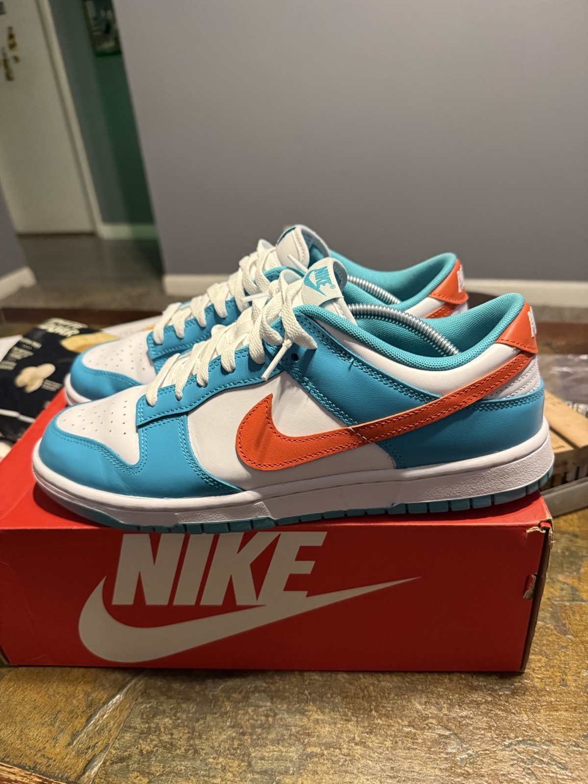 SAOLA *Scarpa Nike Dunk bassa retrò bianca 'Miami Dolphins' polverosa cactus 11 5