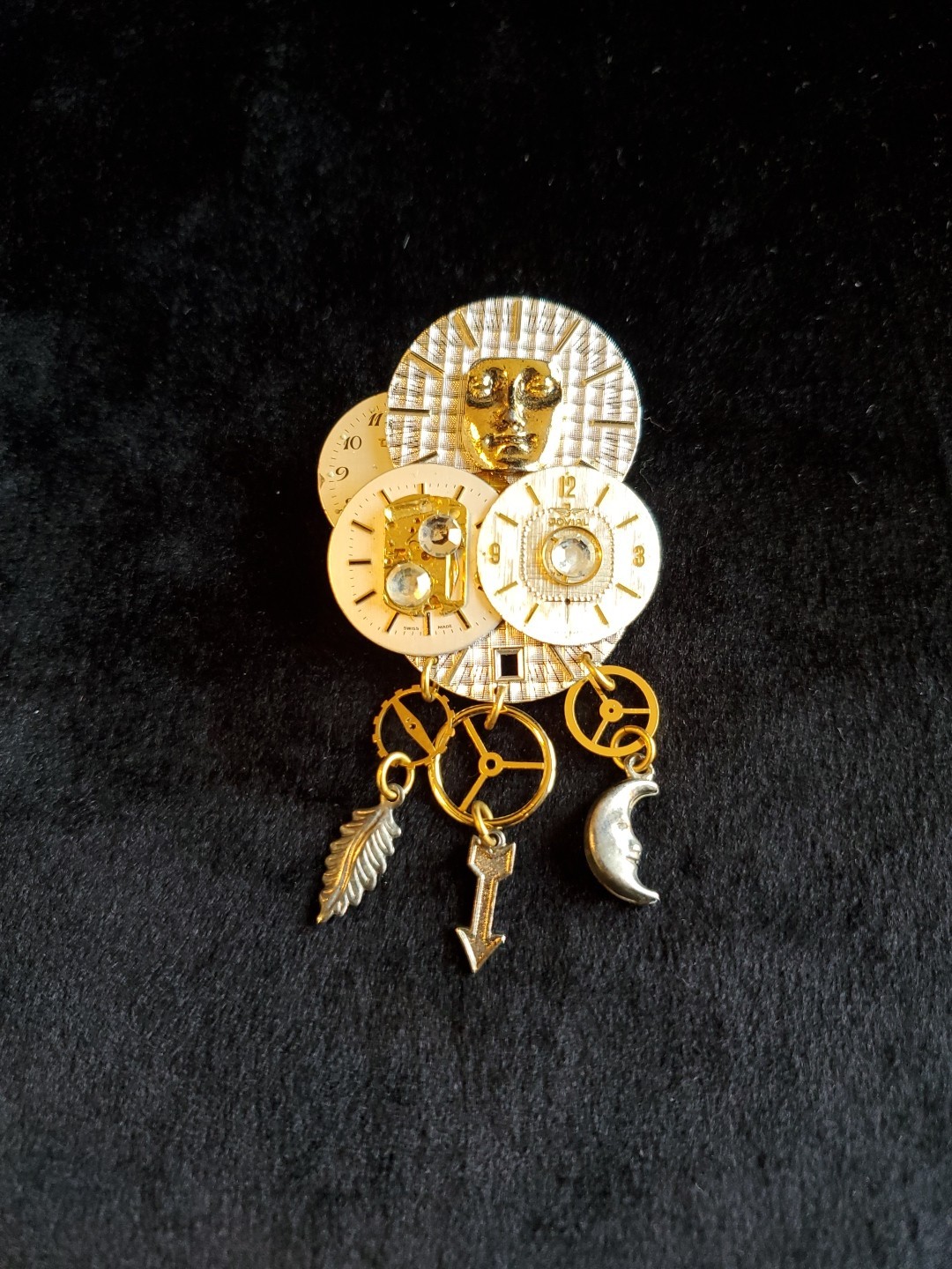 Steampunk Clock Clockwork Brooch Pin, GoldTone 3"… - image 1