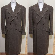 Herringbone Men's Overcoat Wide Peak Lapel Tweed Vintage Long Jacket Casual Coat