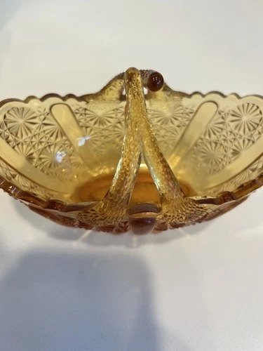 Vintage Fenton Amber Glass Basket Daisy and Button Pattern Split Twig Handle