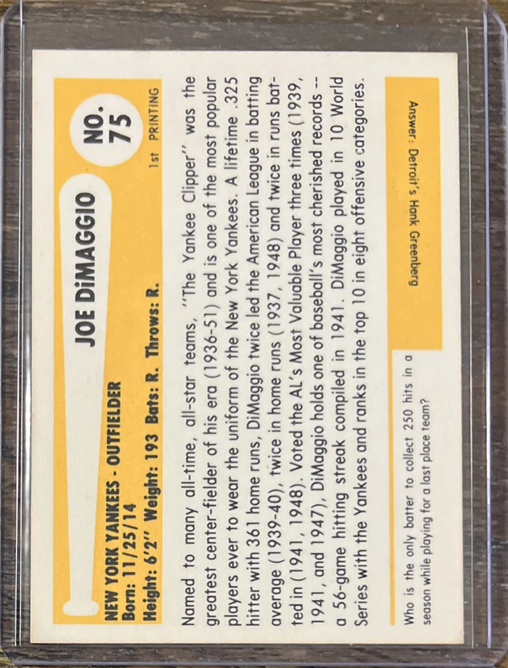 1980 Baseball Immortals #75 Joe DiMaggio New York Yankees HOF NM/MT 1st Printing - Image 2 of 2