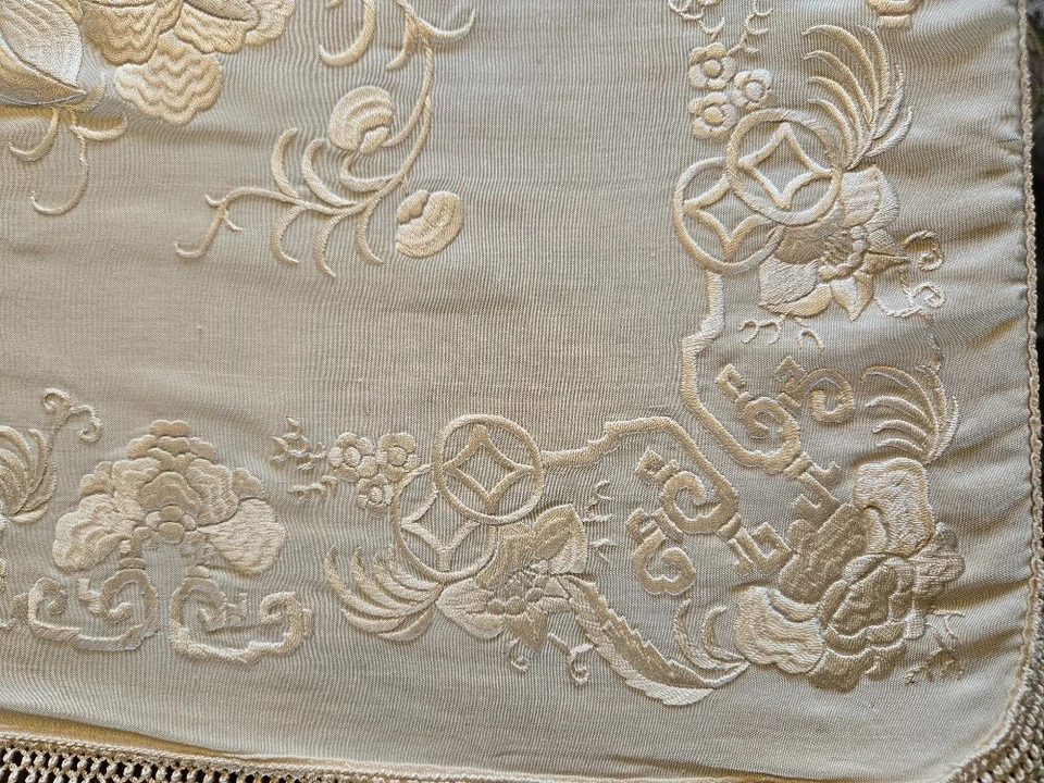Mantel/mantón de piano antiguo victoriano del siglo XIX bordado de seda cruda Lrg Foto 2 de 4