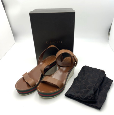 Gucci Women Platform Stripe Sandal Tan Leather 8 US/38 Eu W/Box/Dust Bag