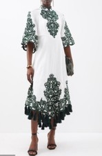 Zimmermann Embroidered Linen Midi Dress 1 S Anneke Tassel Trim Ivory Green $1350