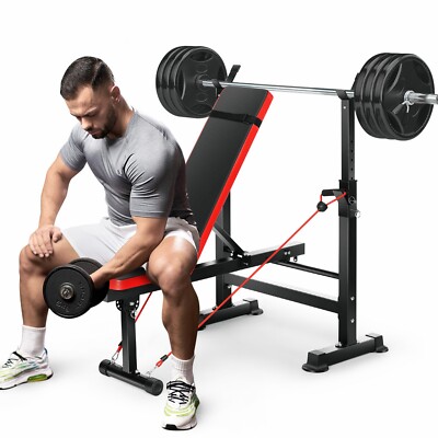 Adjustable Weight Bench 600lbs 4-in-1 Foldable Workout Bench Set w/Barbell Rack