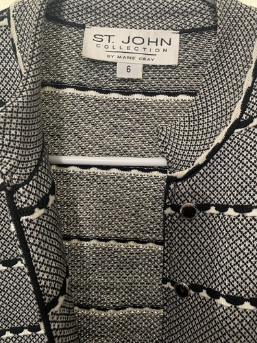 St John Collection Zip Front Blazer Jacket Black White Silver Womens Size 6 - Picture 4 of 6