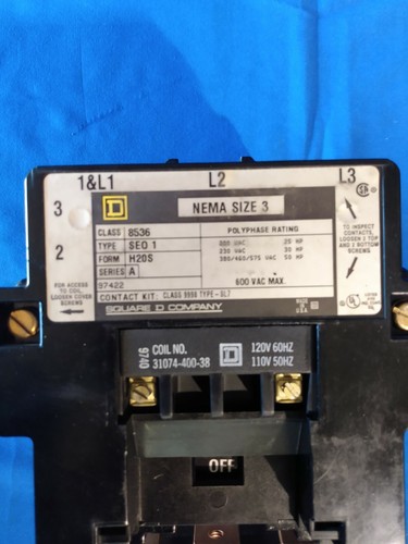 Square D 8536SEO1H20S Motor Starter, Size 3, w/ MotorLogic SS Relay, 120V Coil - Picture 2 of 8