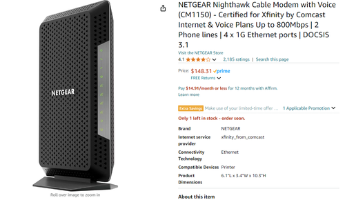NETGEAR NIGHTHAWK Cable Modem with Voice (CM1150V) - Xfinity/Spectrum - Picture 5 of 5