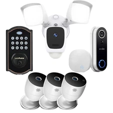 Eco4life 3pc Smart Battery Cam & Floodlight Cam w/ Smart Video Doorbell and Lock