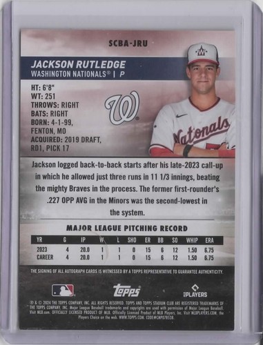 2024 Stadium Club Autographs #SCBAJRU Jackson Rutledge - Picture 2 of 2