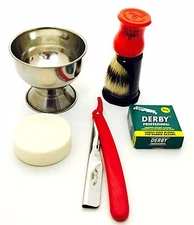 5 PCS WET SHAVING KIT - CUT THROAT SHAVETTE RAZOR, CUP, BRUSH, SOAP & 100 DERBY