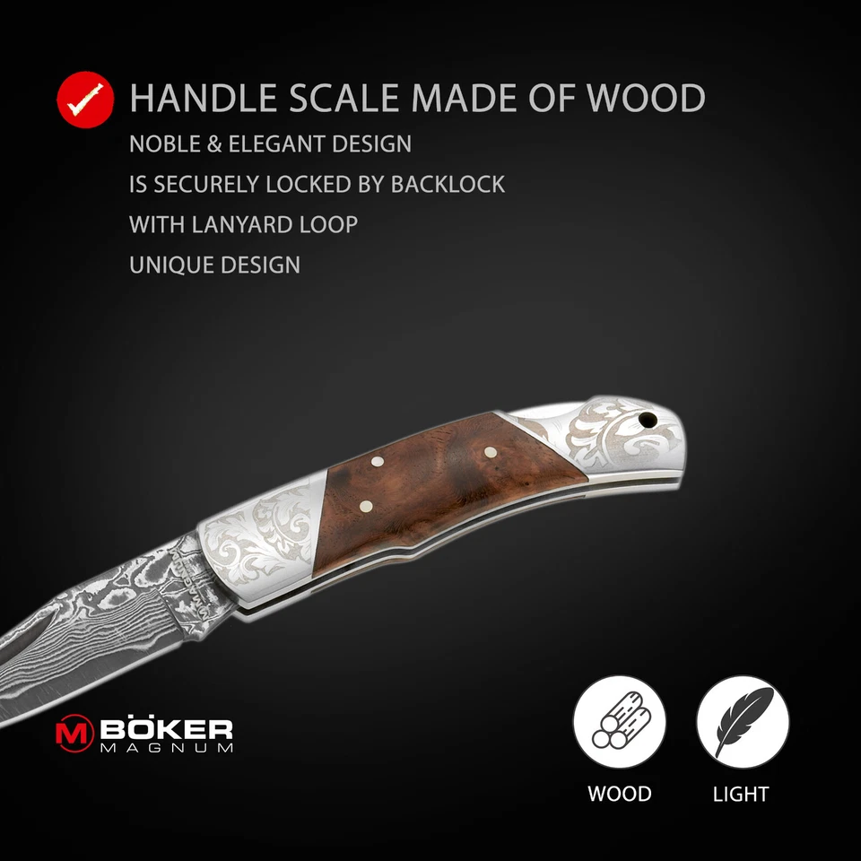 BOKER MAGNUM® 大马士革公爵口袋刀 2.44 英寸刀片木柄 - 01MB946DAM — 第 4/4 张图片