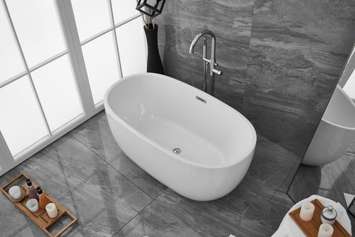 Glossy White Freestanding Modern Acrylic Bathtub Bathroom Soaking Bath Tub 54 in - Picture 5 of 12