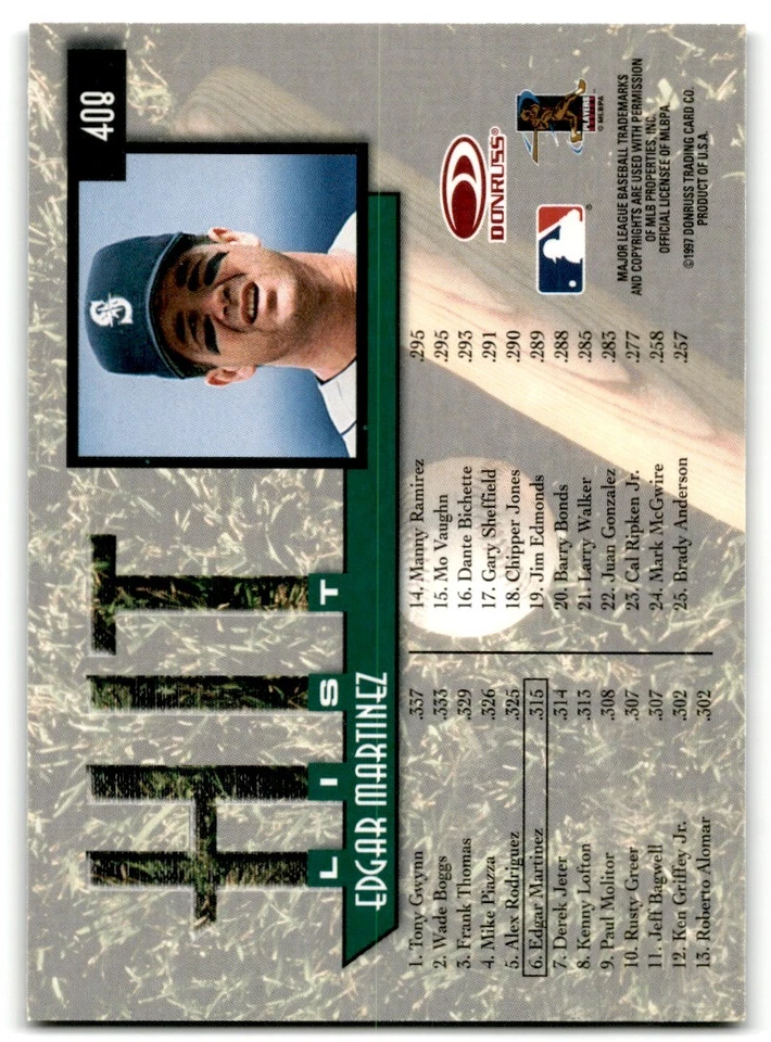 1997 Donruss Hit List Edgar Martinez Seattle Mariners #408 - Image 2 of 2