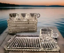 Set 7 Vintage Hazel Atlas Ball Rib Bead Glass Lunch Snack Tray Dish w Cups