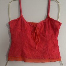 Red Lace Mesh Cami Tank Top Coquette Fairycore Clubwear Medium Cropped Ribbon