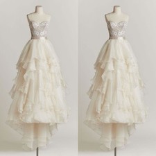 Elegant Beaded Wedding Dress with Ruffled Tulle Skirt Lace High Low Bridal Gown