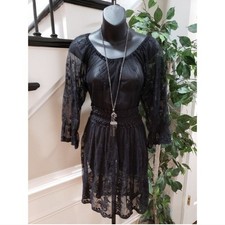 Ultra Pink Women's Black Floral Lace Long Slv Knee Length Lined Dress Size S NWT