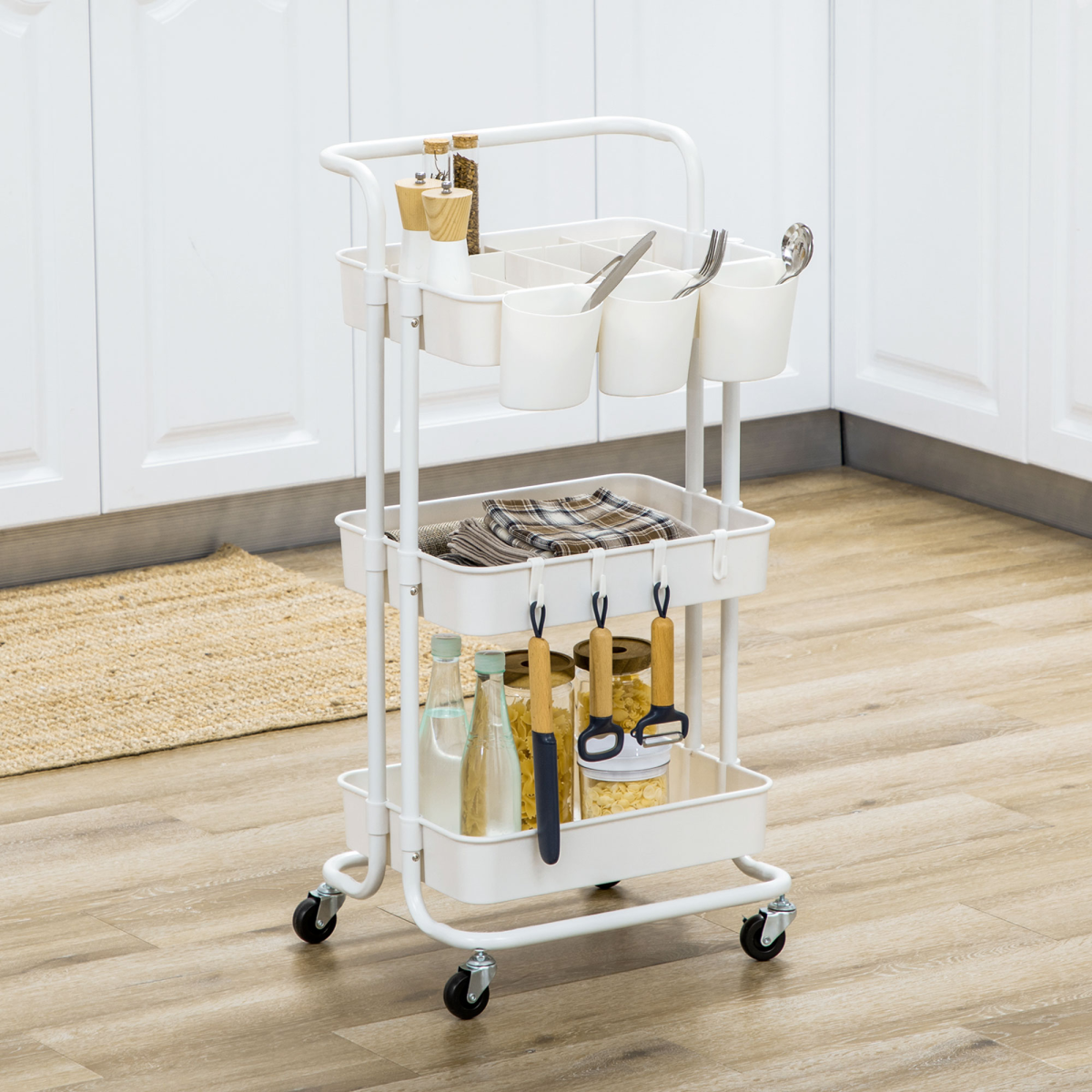 HOMCOM 3-Tier Utility Cart Rolling Serving Trolley with Baskets and Hooks White