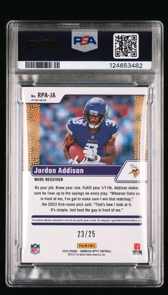 2023 Donruss Optic RPA Rookie Patch /25 Auto Jordan Addison PSA 9 Vikings view 2